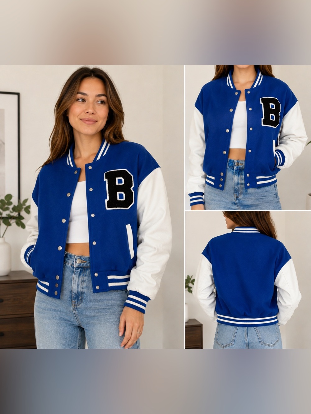 Love Tree Women's Varsity Jacket Blue White Letterman B Patch Snap Front S